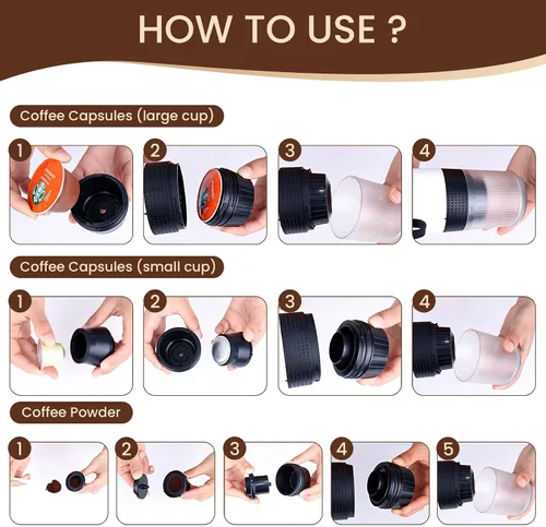 Vista 5 de Máquina eléctrica de café expreso, cafetera portátil 3 en 1 para viajes, autocalentamiento de 4 a 6 minutos, compatible con café molido y cápsulas