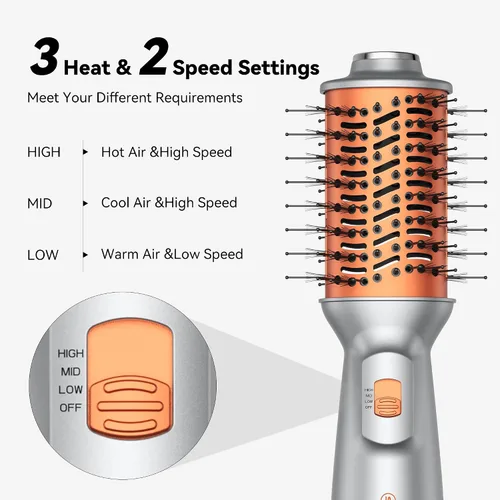 Vista 8 de Mini cepillo secador de pelo de doble voltaje, cepillo de pelo Traval 100-240V, 3 ajustes de calor y 2 ajustes de velocidad, cepillo térmico