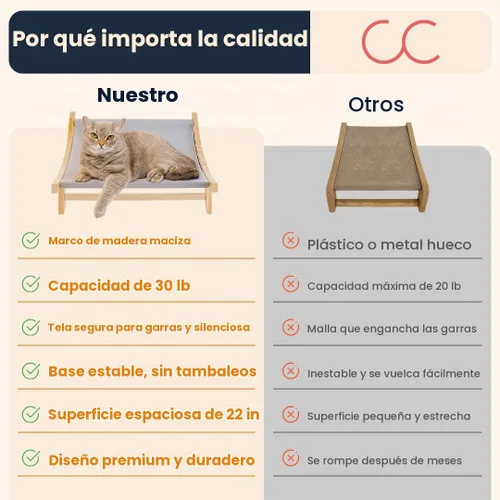 Vista 7 de CallieCo Hamaca de madera para gatos, moderna tumbona elevada para mascotas con marco de madera de primera calidad y tela transpirable, elegante