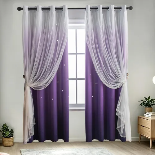 Vista 7 de indistar Cortinas opacas con recortes de estrellas para dormitorio de niña, cortinas de oscurecimiento para habitación de bebé, cortinas