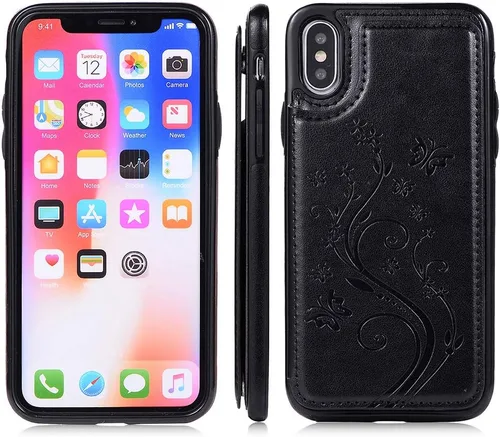 Vista 4 de Funda de teléfono para iPhone Xs X 10 10s con protector de pantalla de vidrio templado, tarjetero con soporte para tarjetero, funda de cuero