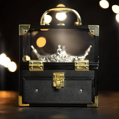 Vista 8 de Exhibición de caja de corona, tiara y faja, estuche de viaje con asa, estuches de almacenamiento para concursos y joyas (negro y dorado)