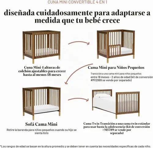 Vista 9 de Babyletto Gelato 4-in-1 Mini Crib, Natural Walnut and Brushed Gold Feet