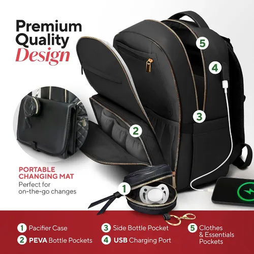 Vista 3 de Juego de mochila grande de piel sintética para pañales (3 piezas) – Bolsa de bebé con cambiador grande, organización de bolsillos aislados