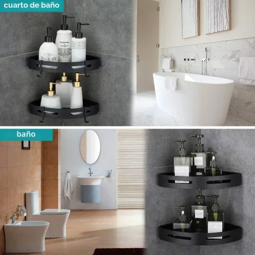 Vista 3 de Estante de esquina adhesivo para baño, organizador de ducha para cocina, inodoro, sin perforaciones, 2 niveles, estantes esquineros de baño