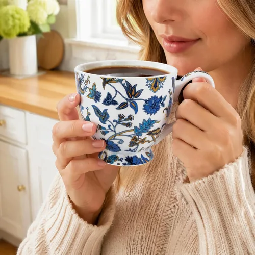 Vista 7 de Tazas florales de porcelana de hueso de 16 onzas, elegante taza de té y café floral, apta para microondas y lavavajillas, perfecta para café, té