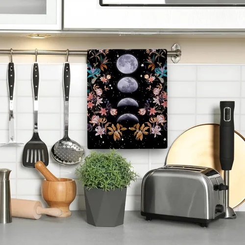Vista 4 de Toallas de Cocina Bruja Negra Luna Fases de la Luna Boho Floral Botánico Paño de Mano Gótico Bohemio Decoración Floral Regalos 16"x24" Paño