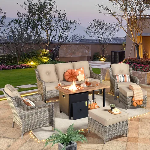 Vista 51 de HOOOWOOO Sofá de patio de 3 plazas de mimbre para exteriores, resistente a todo tipo de clima, con respaldo alto, muebles a juego (beige y bronceado)