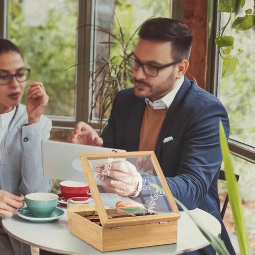 Vista 7 de Caja de té, almacenamiento de bolsas de té, organizador de bolsas de té de bambú, baúl moderno con 9 compartimentos y cubierta transparente