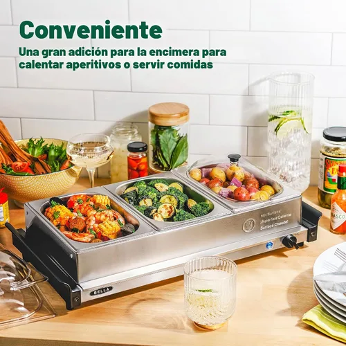 Vista 5 de [Usado] BELLA Servidor de buffet eléctrico triple de 4.5 cuartos de galón, bandeja de calentamiento de alimentos y olla de cocción lenta, estación