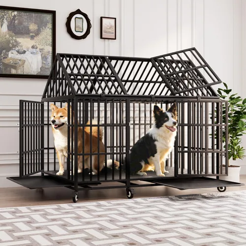 Vista 13 de Jaula resistente de 44 pulgadas para perros con ruedas, de acero indestructible a prueba de escapes, para perros de alta ansiedad, grandes