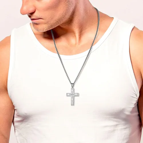Vista 4 de Dowos Collar de cruz para hombre, collar de cruz para hombre, collar con colgante de cruz de acero inoxidable para hombres, regalos de joyería