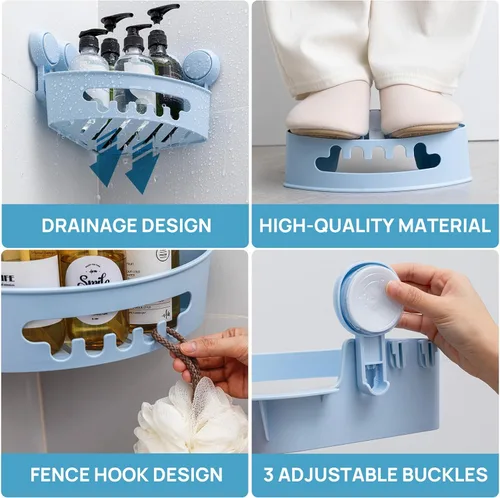 Vista 4 de LEVERLOC Organizador esquinero para ducha con ventosa, cesta de ducha potente con ventosa, organizador impermeable y resistente al óxido