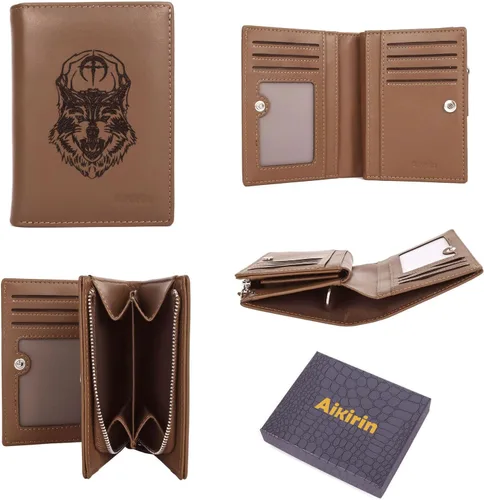 Vista 7 de Aikirin Billetera de cuero RFID personalizada pintada a mano sección vertical de gran capacidad con cremallera monedero tarjetero titular, Café-Wolf