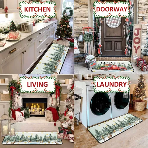 Vista 4 de Juego de 2 alfombras y tapetes de cocina navideñas para camiones, decoraciones navideñas para el hogar, antideslizantes con respaldo, alfombras