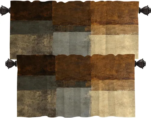 Vista 15 de Shrahala Beige and Orange Abstract Art Brushstrokes Blackout Curtain Tiers, Abstract Oil Paint Kitchen Valance Light Blocking Tier Drapes with Rod