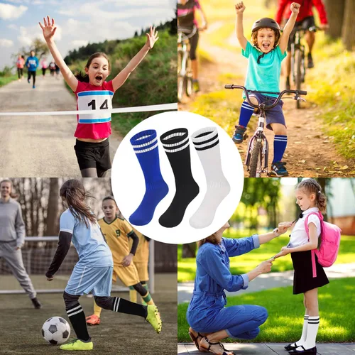 Vista 4 de ELUTONG Calcetines de fútbol para niños, 3 pares para niños y niñas, a rayas, tubo atlético, equipo de fútbol, deporte, calcetines altos