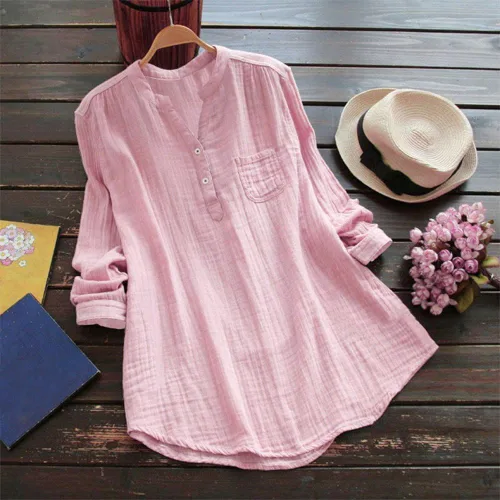 Vista 2 de ANBOO Camisas de lino de algodón para mujer, cuello alto, manga larga, casual, holgada, blusa de algodón y lino