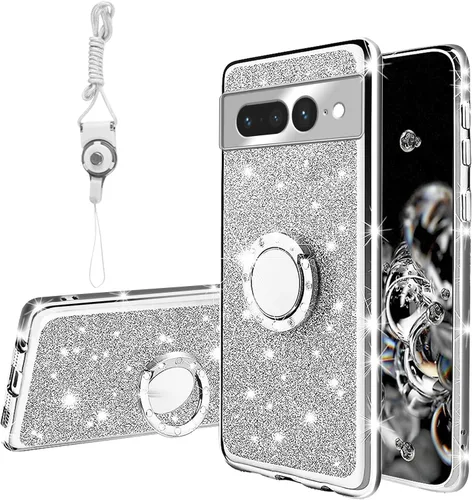Vista 44 de Funda compatible con Google Pixel 6 Pro para mujer, con purpurina, suave, elegante, transparente, TPU de lujo, bonita funda protectora con correa