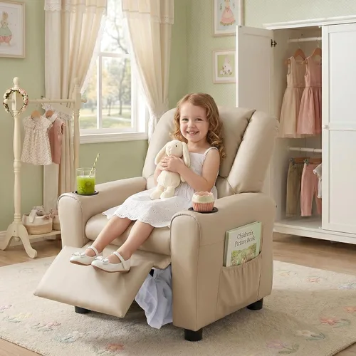 Vista 5 de Silla reclinable de piel sintética para niños, sofá reclinable para niños Beige