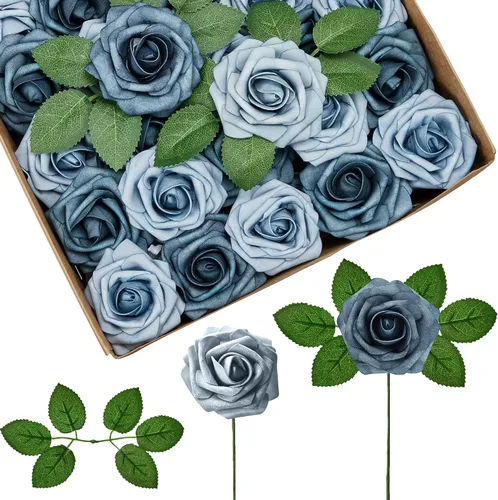Vista 26 de InnoGear Flores artificiales, paquete de 50 unidades, rosas artificiales de espuma negras con tallos a granel para decoración, ramos de boda DIY