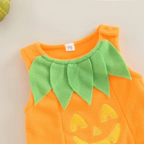 Vista 5 de Conjunto de ropa unisex de Halloween para niños y niñas, 2 piezas de mameluco + sombrero, Naranja