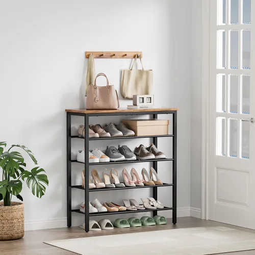Vista 7 de Zapatero organizador de 5 niveles con 4 estantes de malla metálica para 15-20 pares, zapateros de pie independiente, para entrada, pasillo, armario