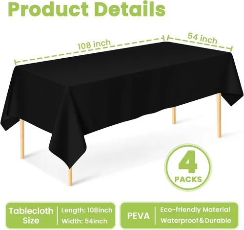 Vista 3 de Mulbozy Mantel de plástico negro desechable 4 unidades, 54 × 108 pulgadas