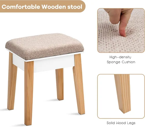 Vista 6 de MAT EXPERT Juego de tocador con espejo de altura ajustable, tocador de madera maciza blanca con taburete acolchado, tocador de maquillaje con cajón