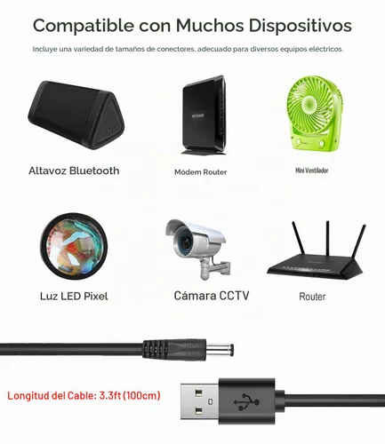 Vista 3 de Cable de alimentación de 5 V CC, cable de carga USB a CC de 0.217 x 0.083 in con 8 conectores adaptadores para altavoz, enrutador, luz LED, lámpara