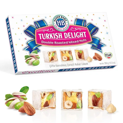 Vista 18 de Hazer Baba Delicias Turcas, Caja de bocadillos gourmet con nueces mixtas y sabor a vainilla, bocadillo tradicional vegano, Lokum turco, dulces