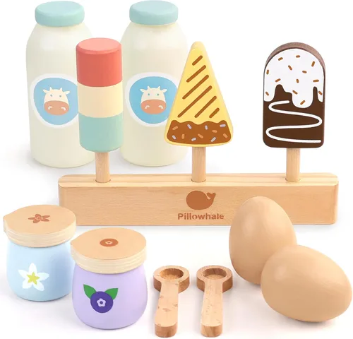 Vista 8 de Juego de helados de madera de Pillowhale para niños – 24 piezas Juguetes de simulación de helados con conos, paletas, coberturas, salsas y cucharas
