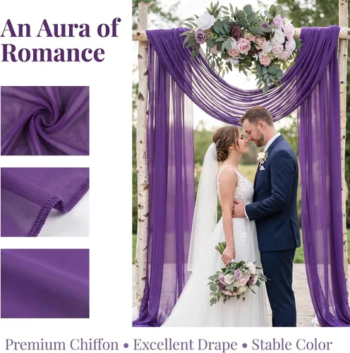 Vista 3 de Pardecor Tela de gasa para arco de boda, 2 paneles de 6 yardas, ceremonia morada al aire libre, 29 x 18 pies de largo, cortina de tul para arco