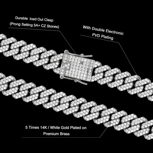 Vista 4 de Pulsera de eslabones cubanos de 0.394 pulgadas y 0.472 pulgadas para hombres y mujeres, chapado en platino de 14 quilates, pulseras de hip hop
