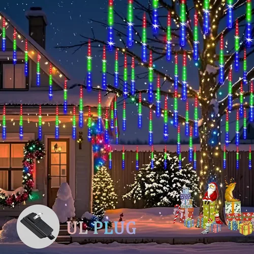 Vista 2 de Luces de lluvia de meteoros al aire libre, luces navideñas, 24 tubos, 576 LED, efecto de caída de nieve, lluvia en cascada, carámbanos, luz