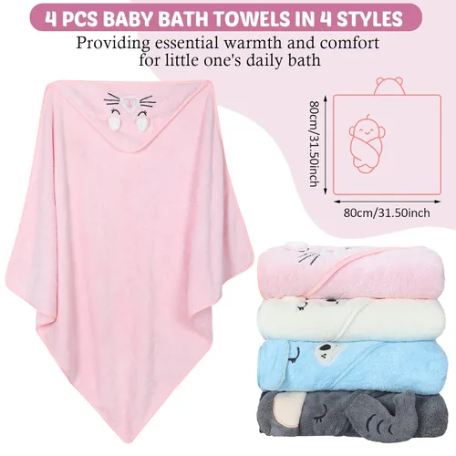 Vista 2 de Eccliy Paquete de 4 toallas de baño para bebé, cara de animal, forro polar coral, poncho para niño y niña (gatito, cachorro, oso, elefante)