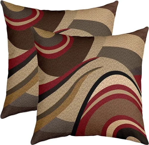 Vista 5 de Paquete de 4 fundas de almohada para exteriores, color rojo burdeos, juego de fundas de cojín geométricas cuadradas de color marrón y gris