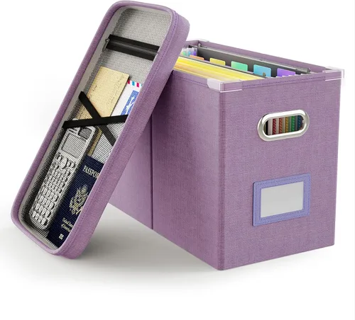 Vista 11 de Oterri Caja organizadora de archivos con tapa, caja de archivos colgante con bolsillo de malla, caja organizadora de documentos para archivos