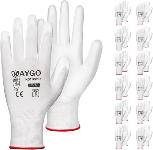Vista 35 de KAYGO KG11PB - Guantes de trabajo de seguridad con revestimiento de poliuretano, 12 pares de guantes de punto sin costuras para hombres y mujeres