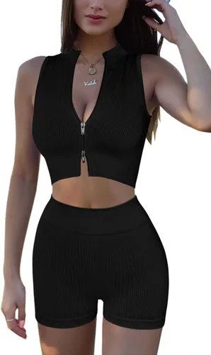 Vista 3 de Conjuntos de entrenamiento para mujer conjuntos de 2 piezas sin costuras acanalados con cremallera bidireccional manga corta pantalones cortos