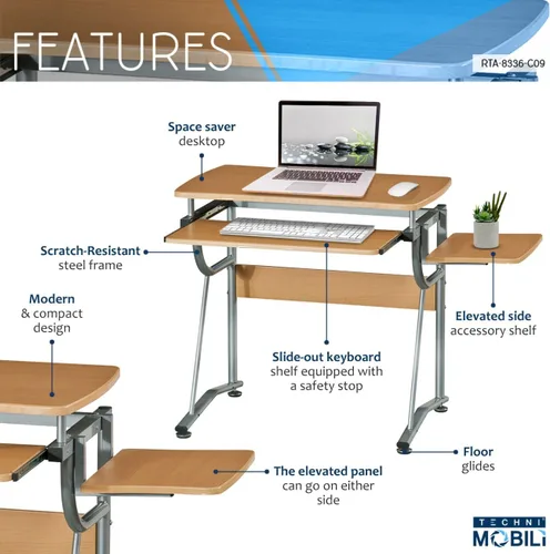 Vista 4 de Techni Mobili Escritorio compacto para computadora con estante lateral y panel de teclado, cereza, 43 x 19.5 x 30 pulgadas