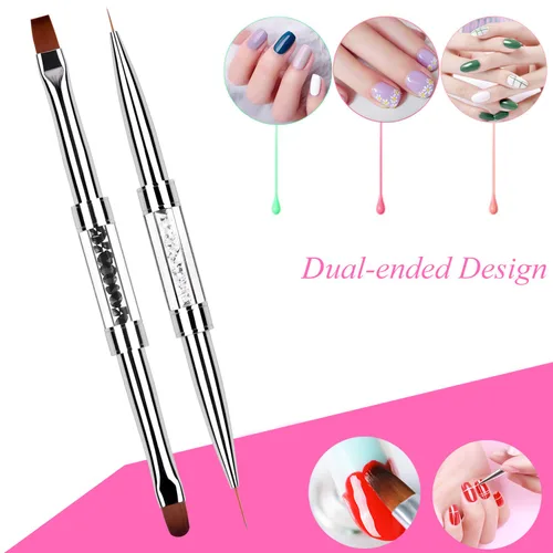 Vista 2 de Juego de 2 cepillos de diseño de uñas de doble extremo con mango de diamantes de imitación, juego de cepillos de uñas de gel UV, herramientas