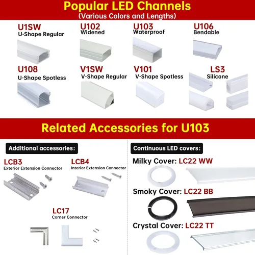 Vista 8 de Muzata Paquete de 10 unidades de 6.6 pies/6.6 ft con sistema de canal LED negro en forma de U con cubierta de difusor blanco lechoso esmerilado