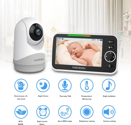Vista 2 de HelloBaby Monitor con cámara y audio, pantalla de 5'' con transmisión de video de 16 horas, cámara remota con panorámica-inclinación-zoom