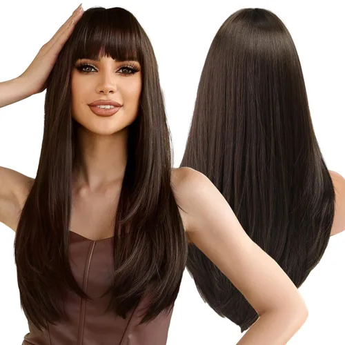 Vista 21 de Pelucas rubias cenizas para mujer, peluca larga recta en capas con flequillo, cabello sintético natural con raíces oscuras