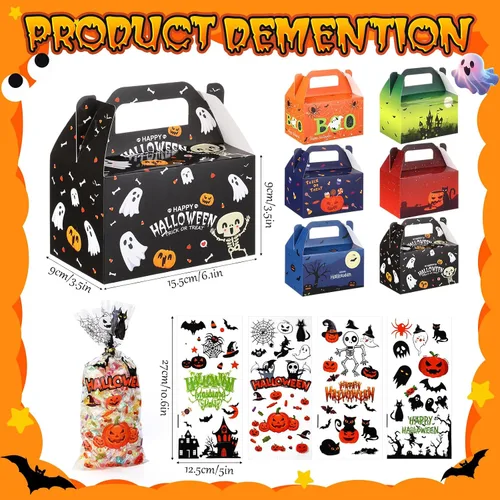 Vista 2 de ReliThick Paquete de 80 cajas de golosinas de Halloween con bolsas de celofán, cajas de dulces de galletas para golosinas de fantasma, bolsa