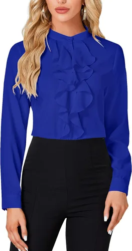 Vista 7 de LYANER - Blusa de cuello alto con botones, volantes en el frente, manga larga, camisa de trabajo para mujer