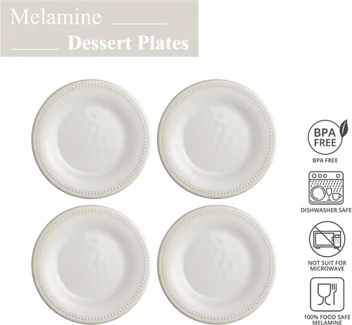 Vista 4 de UP UPware - Platos redondos de postre de melamina con cuentas, platos pequeños para servir, para aperitivos, aperitivos y guarniciones, crema, 6