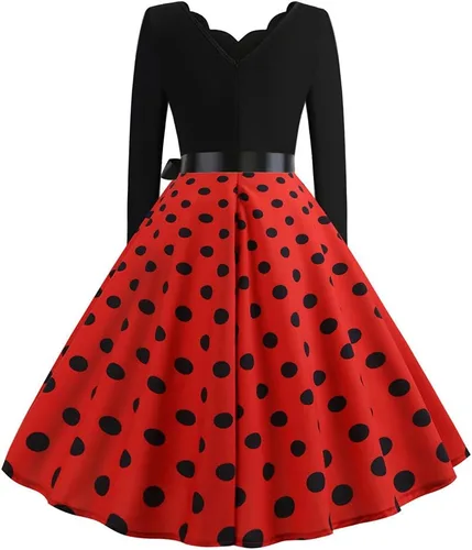 Vista 5 de Anjikang Vestido de Halloween Audrey Hepburn para mujer, estilo retro de los años 50, manga larga, cuello en V, vestido de cóctel con lazo y lunares