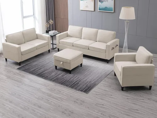 Vista 8 de PUREMIND Juego de 3 sofás de sala de estar, moderno sofá de 3 plazas con otomana, sofá biplaza y sillón, tela de lino en forma de L, juego de 3